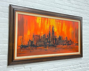 LARGE Original Mid Century MODERN Skyline Framed ARTWORK by Stuart, Ready to Hang