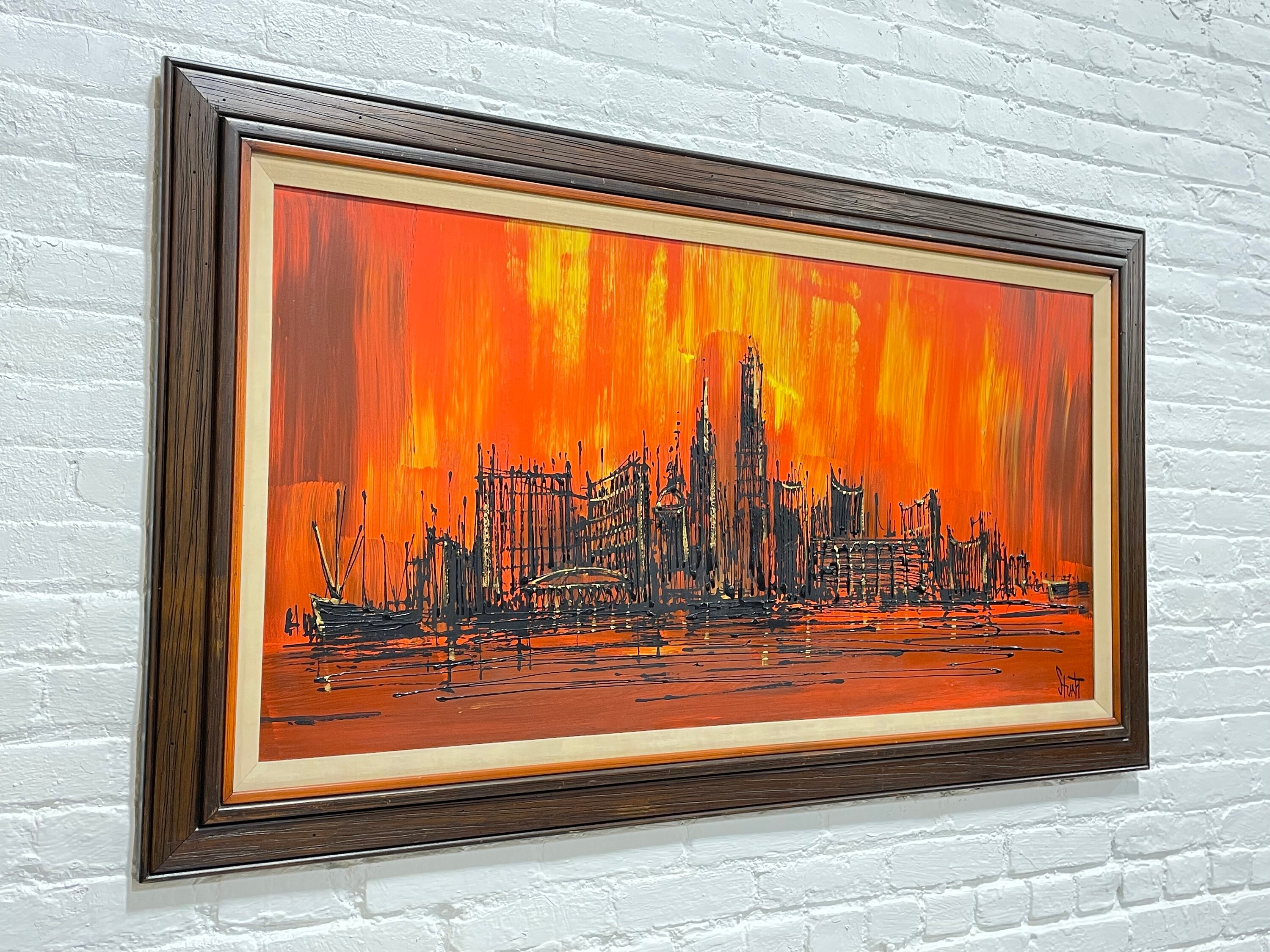 【在庫処分大特価!!】 LARGE Original Mid Century MODERN Skyline Framed ARTWORK by アート・デザイン・音楽