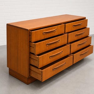 May include: A mid-century modern dresser with eight drawers. The dresser is made of light brown wood with a rectangular shape. Each drawer has a curved, brown handle. Several drawers are open, revealing the interior.