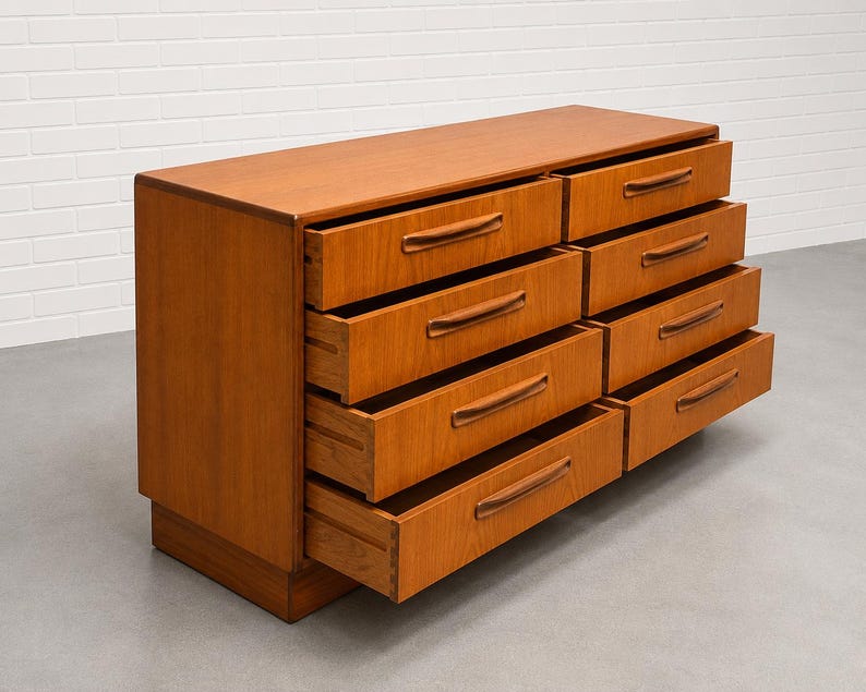 May include: A mid-century modern dresser with eight drawers. The dresser is made of light brown wood with a rectangular shape. Each drawer has a curved, brown handle. Several drawers are open, revealing the interior.