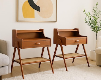 Pair of Mid Century MODERN Handcrafted Caned TEAK CABINETS / Entryway Tables