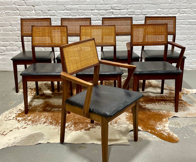WALNUT Mid Century Modern CANED Dining CHAIRS, Set of Eight image 1