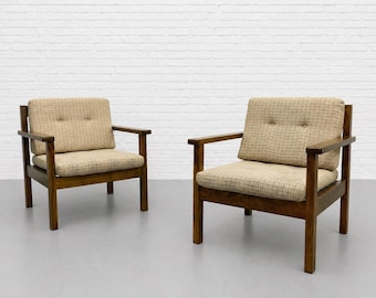 Pair - Mid Century Modern Lounge Chairs | Solid Wood Frame Armchairs | Vintage Upholstered Walnut Chairs, c. 1960’s