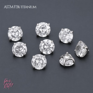 May include: Seven round, clear, faceted gemstones set in silver-colored metal prongs. The text ASTM F136 TITANIUM is visible at the top, and the text Rock Candy Riot is at the bottom. Each piece features a small threaded post on the back.