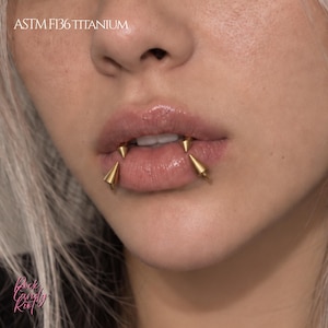 Könnte beinhalten: Vier goldfarbene Lippenpiercings in Dornenform, die symmetrisch um den Mund angeordnet sind. Der Schmuck hat spitze, konische Enden. Der Text ASTM F136 TITANIUM ist oben links und der Text Rock Candy Riot unten links im Bild zu sehen.