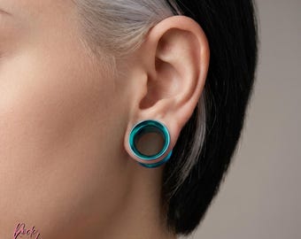 Teal Blue Titan Flesh Tunnel, hohle Ohrstecker, Hand eloxiertes Implant Grade ASTM F136 Titan, Double Flare Plug Schmuck, Punk