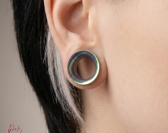 Holographischer Chamäleon-Titanohrtunnel, gefädeltes hohles Doppelflare-Messgerät, handeloxiertes Implant-Grade-ASTM-F136-Titan, Punk-Messstecker