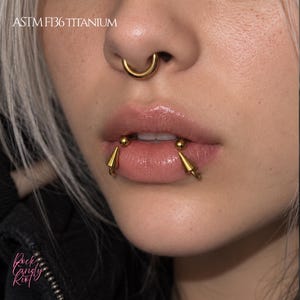 Pode incluir: Um anel de septo dourado e um par de piercings labiais dourados com pontas em formato de espigão e contas esféricas. O texto ASTM F136 TITANIUM é visível no canto superior esquerdo, e o texto Rock Candy Riot está no canto inferior esquerdo.