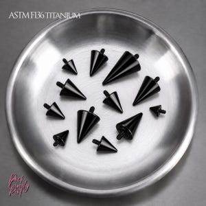 Puede incluir: Una colección de once puntas negras para joyería corporal en forma de cono con extremos roscados, dispuestas en un patrón circular dentro de un cuenco de metal plateado cepillado. El texto ASTM F136 TITANIUM es visible arriba a la izquierda.