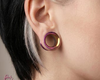Lila Gold Ombre Titan Tunnel, gefädelte hohle Doppel Fackel Gauge, hand eloxiertes Implant Grade ASTM F136 Titan, Single Gauge Plug