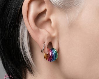 Regenbogen Stacked Creolen für gestreckte Lobe, Hand eloxierte Implant Grade ASTM F136 Titan Ohrhänger, geschichtetes Gauge Piercing Schmuck, 20 Farben
