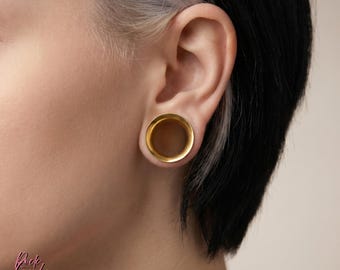 Warmer Gold-Titanohrtunnel, hohles Flesh Gauge mit Gewinde, Hand-eloxiertes Implant Grade ASTM F136 Titan, Single Stretched Lobe Plug Schmuck