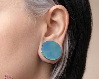 Orecchino olografico in titanio, calibro a doppia svasatura solido lucidato, titanio ASTM F136 di grado implantare anodizzato a mano, gioiello per il corpo punk gotico