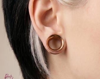 Kupfer Bronze Titan Ohr Tunnel, gefädelte hohle Flesh Gauge, Hand eloxierte Implant Grade ASTM F136 Titan, Single Stretched Lobe Plug