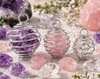 Silver Spiral Crystal Cage Pendants – 3 Sizes, Gem Holder for Jewelry Making
