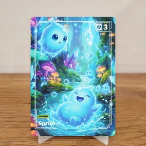 Può includere: Una carta d'arte fantasy con un personaggio Sprite blu con un volto sorridente, che sguazza nell'acqua. La carta ha uno sfondo vibrante e colorato con funghi, cristalli e altri Sprite. La carta è etichettata "TEMPORARY" e "Sprite".