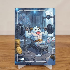 Pode incluir: Um cartão colecionável com um personagem de desenho animado musculoso levantando pesos em uma academia. O cartão tem uma borda azul e a palavra "Buff" na parte inferior. Outros personagens de desenho animado estão no fundo.