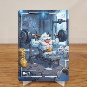 以下が含まれることがあります： ジムでウェイトリフティングをしている筋肉質な漫画のキャラクターが描かれたカード。白い毛皮と角を持つキャラクターはベンチに座り、バーベルを持ち上げようと頑張っています。カードの下部には「Buff」という文字があります。