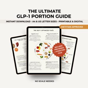 May include: Three digital tablets showing a GLP-1 portion guide, with the text "THE ULTIMATE GLP-1 PORTION GUIDE". The guide includes sections on vegetables, protein, healthy fats, and carbohydrates. The tablets are labelled "Dietitian Approved".