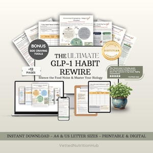 May include: Digital download titled "The Ultimate GLP-1 Habit Rewire" with the text "Silence the Food Noise & Master Your Biology." Includes bonus SOS craving tools and 12 pages. Features a laptop, tablet, and phone displaying content, plus a plant in a blue pot.