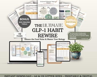May include: Digital download titled "The Ultimate GLP-1 Habit Rewire" with the text "Silence the Food Noise & Master Your Biology." Includes bonus SOS craving tools and 12 pages. Features a laptop, tablet, and phone displaying content, plus a plant in a blue pot.