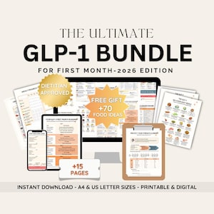 May include: The Ultimate GLP-1 Bundle digital download. Includes a tablet, smartphone, and several pages of printable documents. Features the text "Dietitian Approved" and "Free Gift +70 Food Ideas". The bundle is for the first month of 2026 and includes +15 pages.