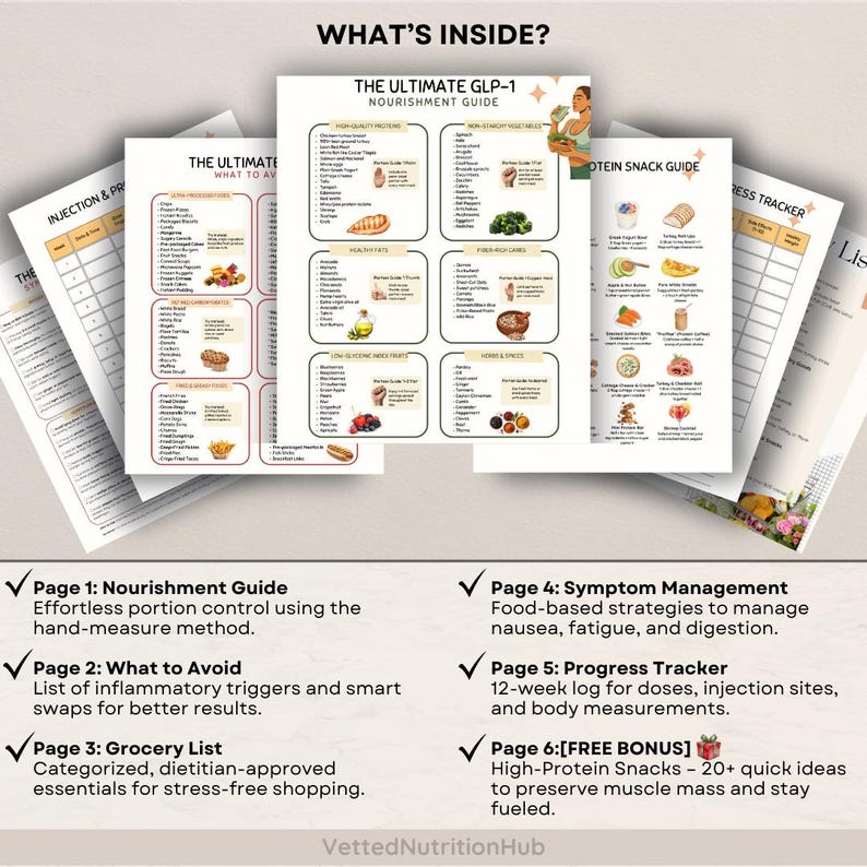 May include: A stack of printed guides titled "The Ultimate GLP-1 Nourishment Guide" and "Protein Snack Guide." The guides include lists of foods, a symptom management section, and a progress tracker. The text "What's Inside?" is at the top.