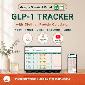 Könnte beinhalten: Ein digitaler GLP-1-Tracker für Google Sheets und Excel mit Proteinrechner, Gewichts-, Dosis- und Nebenwirkungsprotokoll. Enthält 8 Registerkarten, ein YouTube-Tutorial und eine Protein-Zusammenfassung auf einem Laptop-Bildschirm.
