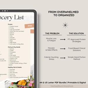 May include: Digital grocery list and meal planning guide with the text "Grocery List" and a list of protein, pantry, and healthy snack options. The guide also includes the text "From Overwhelmed to Organized."
