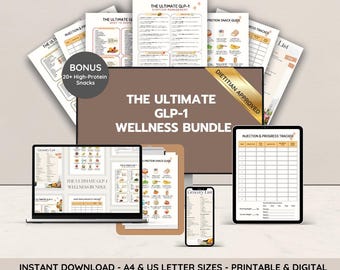 May include: The Ultimate GLP-1 Wellness Bundle, a digital download, includes printable guides and trackers. The image shows a laptop, tablet, and smartphone displaying the bundle's content. The bundle includes a grocery list, snack guide, and injection and progress tracker.