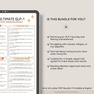 May include: A digital PDF bundle titled "ULTIMATE GLP-1 Symptom Management" on a tablet. The bundle includes tips for constipation, fatigue, and muscle care. Text on the right asks, "IS THIS BUNDLE FOR YOU?" with bullet points about GLP-1 journeys.