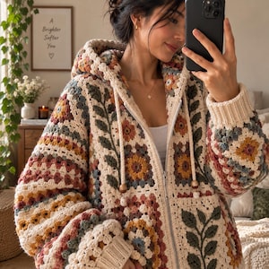 Grandma Square gehaakte hoodie met bloemenprint, vest met rits (PDF)