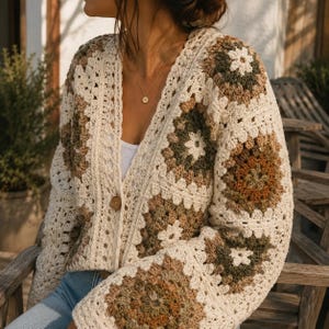 Peut inclure: Un cardigan en crochet à manches longues avec une encolure en V et une fermeture à un seul bouton en bois. Le vêtement est composé de fil crème avec des motifs carrés dans des tons vert olive, beige et marron, créant un motif géométrique.