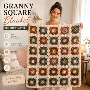 Könnte beinhalten: Eine Häkelanleitung für eine Granny-Square-Decke mit dem Text GRANNY SQUARE Blanket CROCHET PATTERN. Die Decke besteht aus mehreren quadratischen Motiven in den Farben Creme, Rost, Blaugrün und Senfgelb, die mit cremefarbenem Garn verbunden sind.
