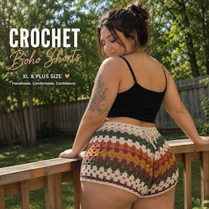 May include: Crochet shorts featuring a multi-colored granny square pattern in cream, dark green, mustard yellow, and rust orange. The shorts have a drawstring waist and are paired with a black tank top. Text reads: CROCHET Boho Shorts XL & PLUS SIZE.