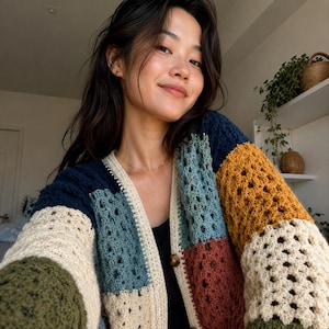 Granny Square Cardigan Crochet Pattern, Oversized Patchwork Boho Jacket (PDF Download)