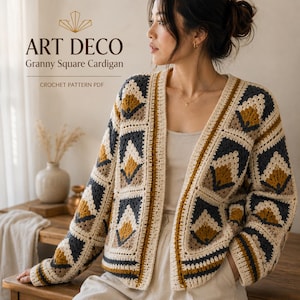 May include: A crochet cardigan featuring a geometric granny square pattern in shades of dark charcoal, mustard yellow, and cream. The text ART DECO Granny Square Cardigan CROCHET PATTERN PDF is visible in the upper left corner of the image.