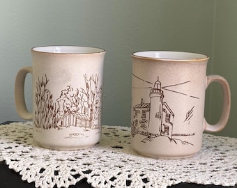 French Stoneware Vaisselle Coffee Mugs, Set of Two