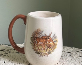 Vintage Deer Coffee Mug, Rustic Woodland Studio Pottery Coffee Cup