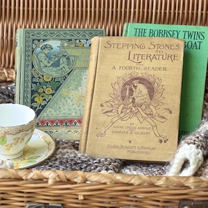 May include: An assortment of antique books, including "Stepping Stones to Literature" and "The Bobbsey Twins". A teacup and saucer with floral designs sit in front of the books. The items are arranged in a woven basket.
