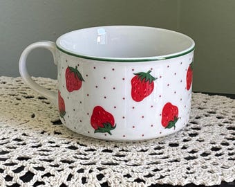 Vintage Strawberry and Polkadot Mug with Handle, Oversized for Yogurt or Soup