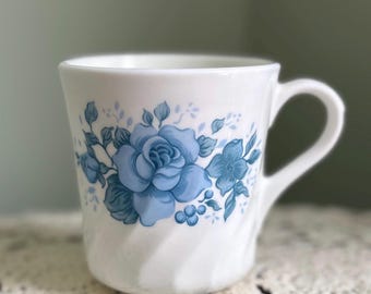 Vintage Crown Corning Blue Rose Mug – 1975 Milk Glass Coffee Cup