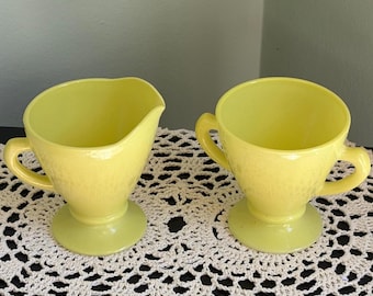 Vintage grädde- och sockerset, Chartreuse mjölkglas, Vintage Hazel Atlas