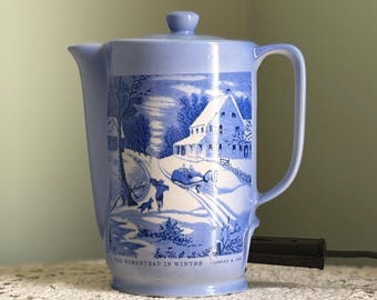 Vintage Currier and Ives Electric Kettle, The Homestead in Winter, Small Midcentury Appliance