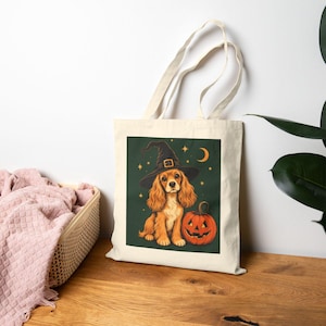 Cute Halloween Dog Tote Bag | Cavalier King Charles Pumpkin Canvas Tote | Witch Dog Bag | Fall Gift for Dog Lovers