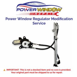 Könnte beinhalten: Bild eines Power-Window-Regler-Modifikationsdienstes. Das Bild zeigt eine Power-Window-Regler-Baugruppe mit Motor, Kabeln und einer Metallschiene. Der Text "POWER WINDOW REPAIR" steht oben, darunter der Name des Dienstes.