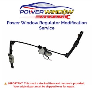 Puede incluir: Imagen de un servicio de modificación de regulador de elevalunas eléctrico. La imagen presenta un conjunto de regulador de elevalunas eléctrico negro y plateado sobre un fondo blanco. El texto "POWER WINDOW REPAIR" está en la parte superior, con el nombre del servicio debajo.