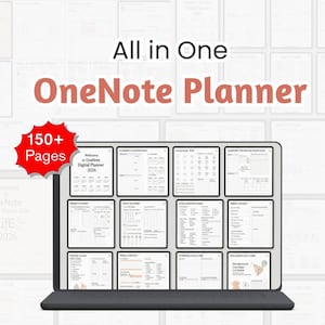 Può includere: Un planner digitale visualizzato su un tablet, con il testo "All in One OneNote Planner" e "150+ Pages". L'interfaccia del planner mostra pagine di calendario, pianificazione settimanale e giornaliera. Lo sfondo è grigio chiaro.