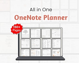 Könnte beinhalten: Ein digitaler Planer auf einem Tablet, mit dem Text "All in One OneNote Planner" und "150+ Pages". Die Oberfläche des Planers zeigt Kalender-, Wochen- und Tagesplanungsseiten. Der Hintergrund ist hellgrau.