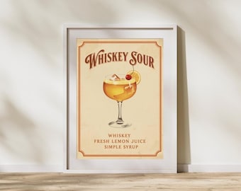 Whiskey Sour Vintage Poster Printable | Retro Cocktail Wall Art | Bar Drink Illustration | Digital Download